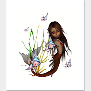 Sweet little mermaid with fantasy fish Posters and Art